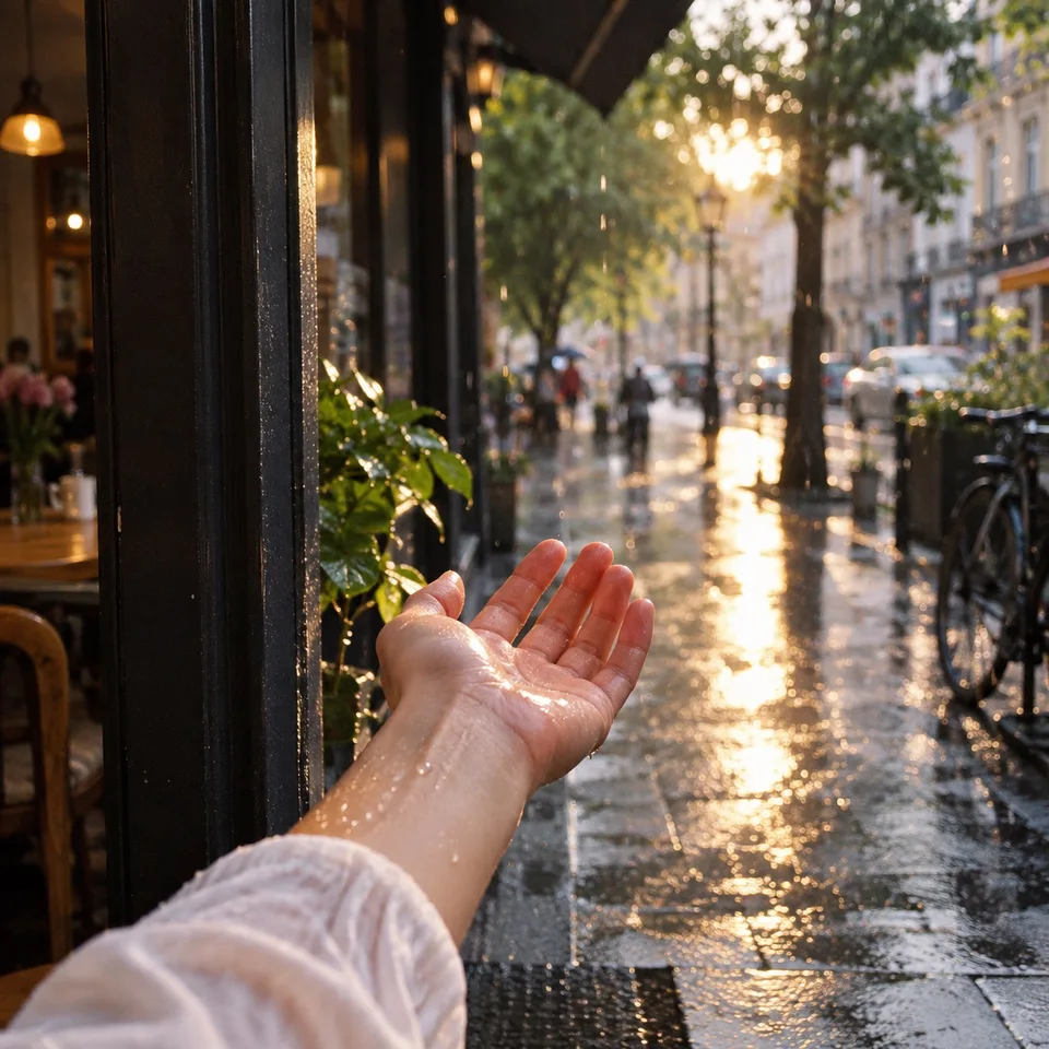 雨后的咖啡馆外，阳光照在伸手接雨滴的掌心