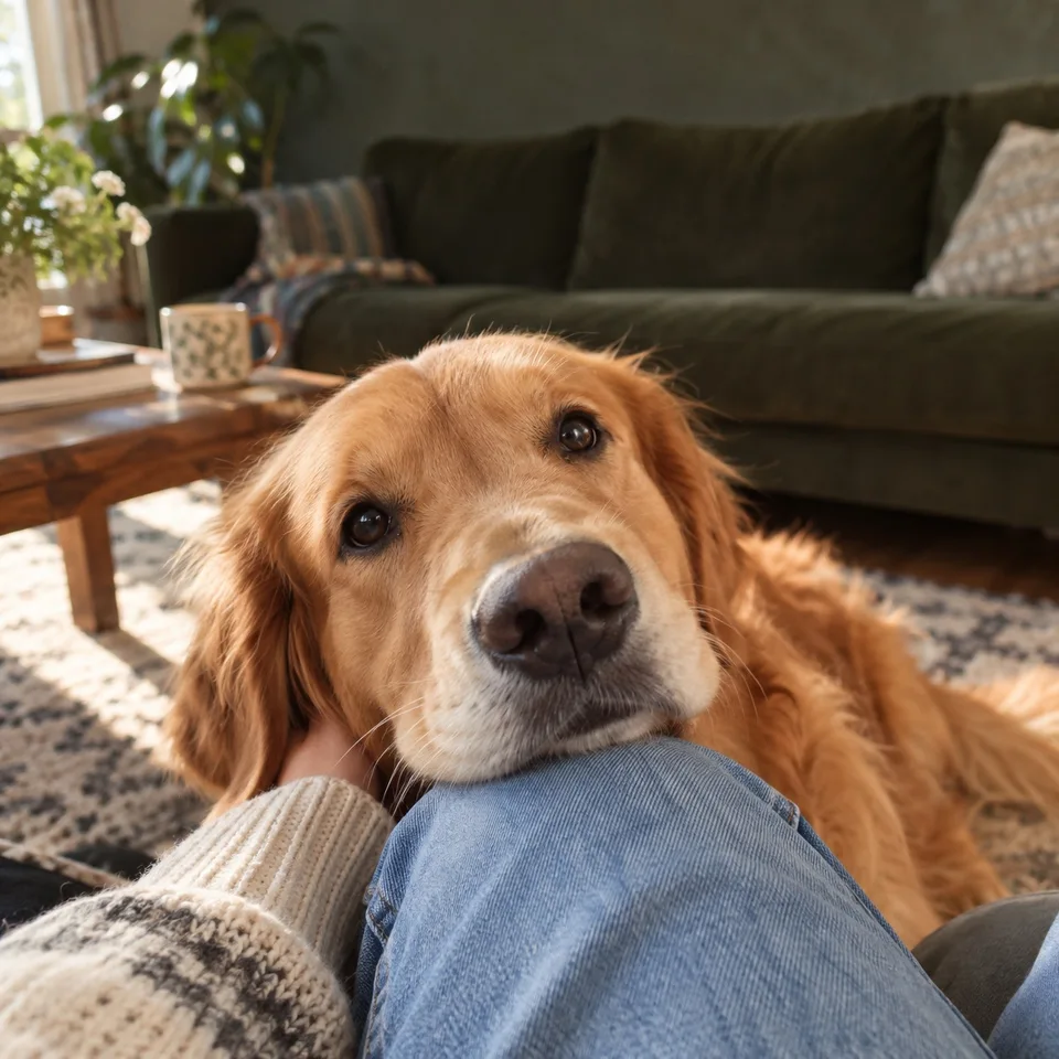 金毛犬把下巴靠在主人的膝盖上，抬眼望过来